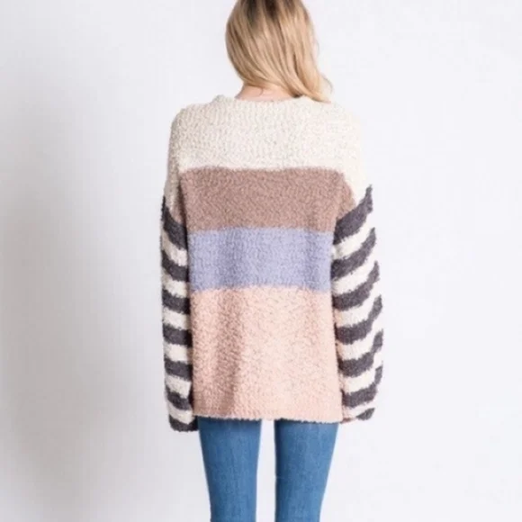 027 Cozy Brown Pink Popcorn Color Block oversized Sweater
